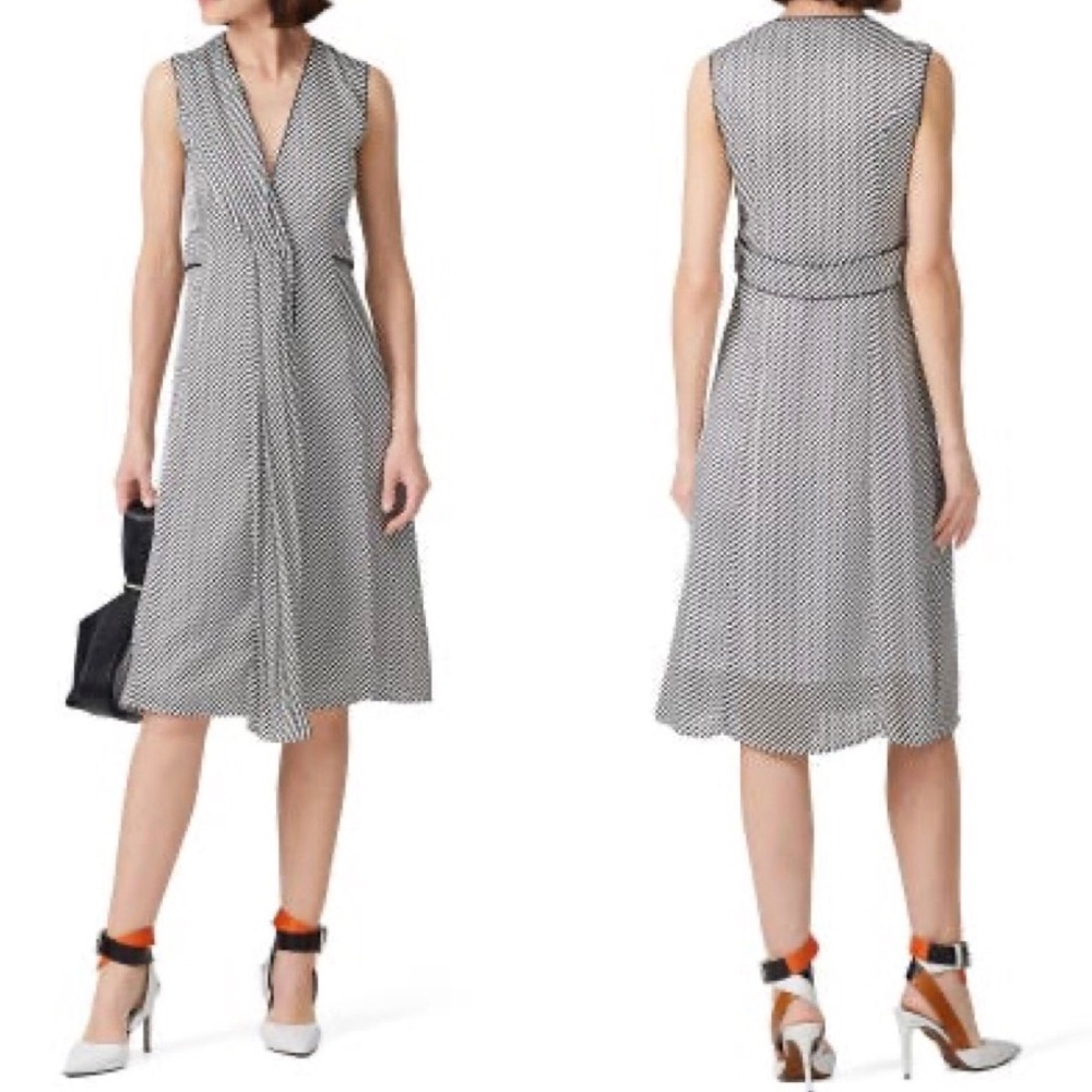 Deborah Lyons Ashley Stripes Black White Wrap Asymmetrical Draped Midi Dress 8